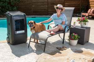 POrtacool evaporative cooler by a pool
